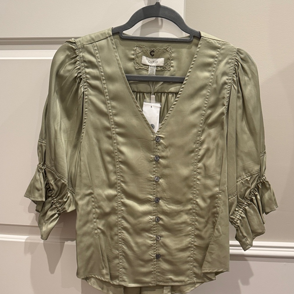 Cupio Sage Green Satin Blouse with Button Accents